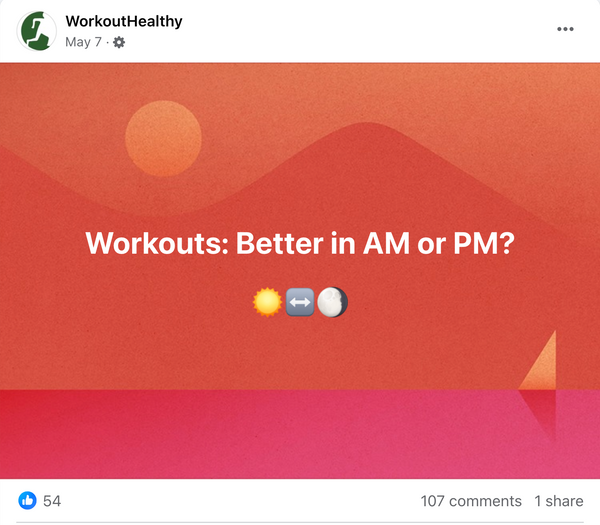 The WorkoutHealthy Facebook post asking whether readers train in the morning or evening