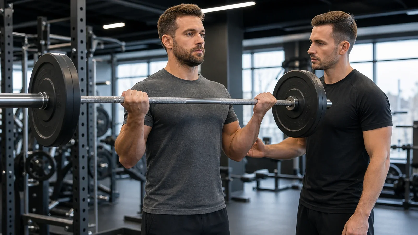 Lifter performing a strict barbell curl while a trainer monitors form
