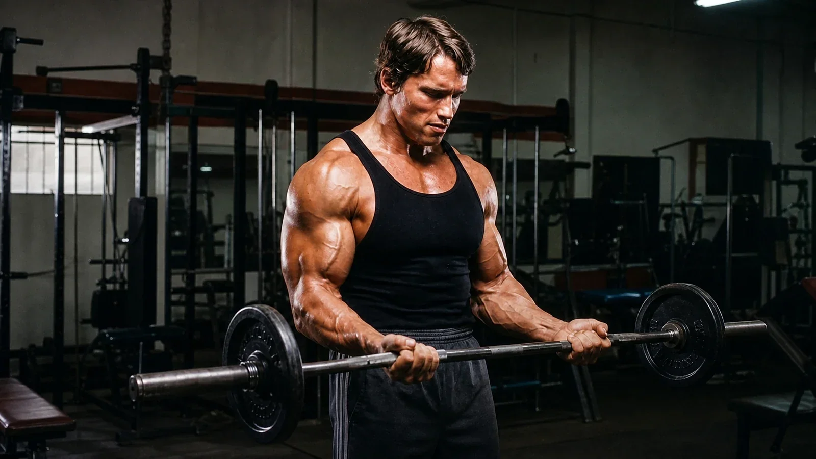 AI-assisted reconstruction of young Arnold Schwarzenegger performing a barbell curl in a 1970s-style gym