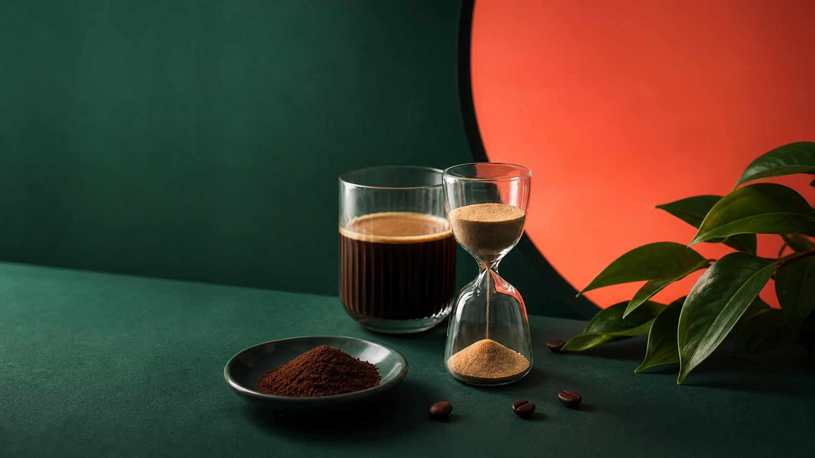 Black coffee and an hourglass illustrating caffeine timing before sleep