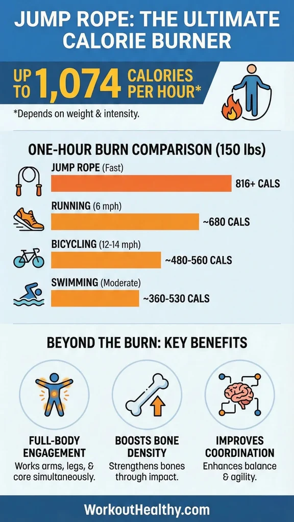 Infographic comparing calorie burn: jumping rope burns 816+ cal/hr, running burns ~680, bicycling ~480-560, swimming ~360-530. Lists benefits: full-body engagement, boosts bone density, and improves coordination.