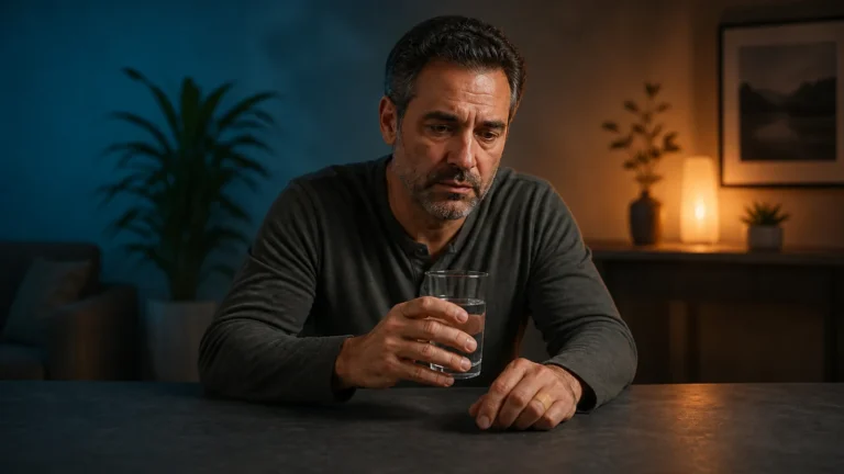 Tired middle-aged man seated at a table holding a glass of water