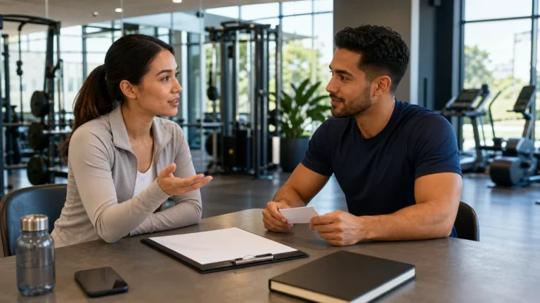 A prospective client asks questions during a consultation with a personal trainer.