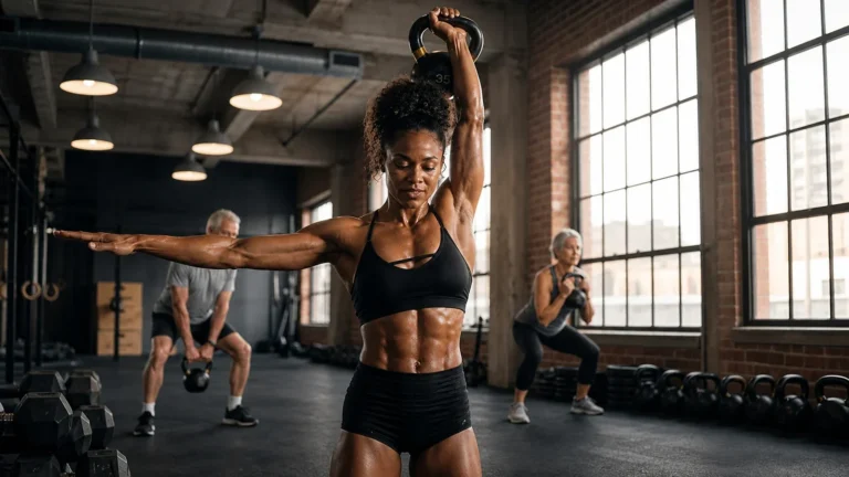 Illustrative resistance-training class with a woman lifting a kettlebell and older adults training behind her