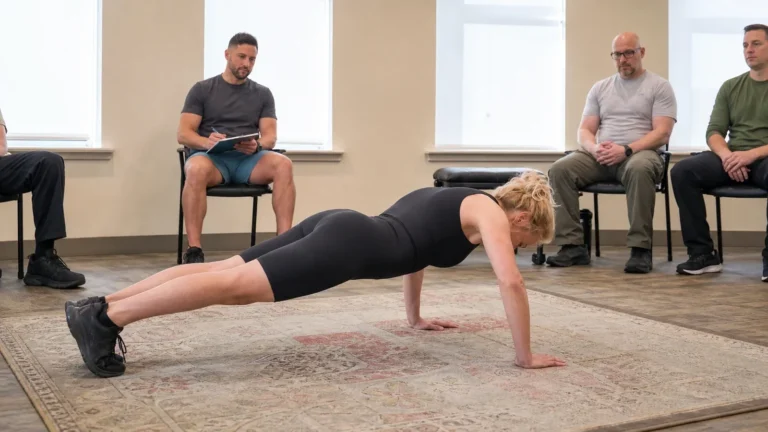 AI-assisted editorial reconstruction of DonnaJean Wilde performing a push-up during her one-hour record attempt