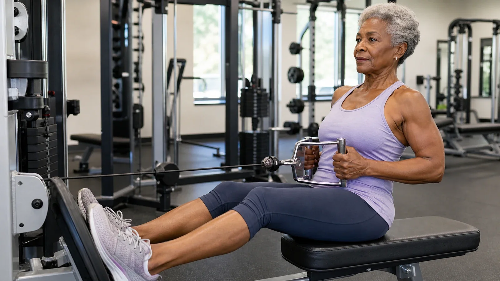 Older Black woman performing a controlled seated cable row in a gym