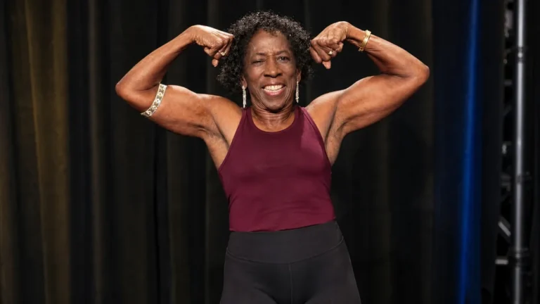 AI-assisted editorial portrait of Edith Connor flexing in a double-biceps pose