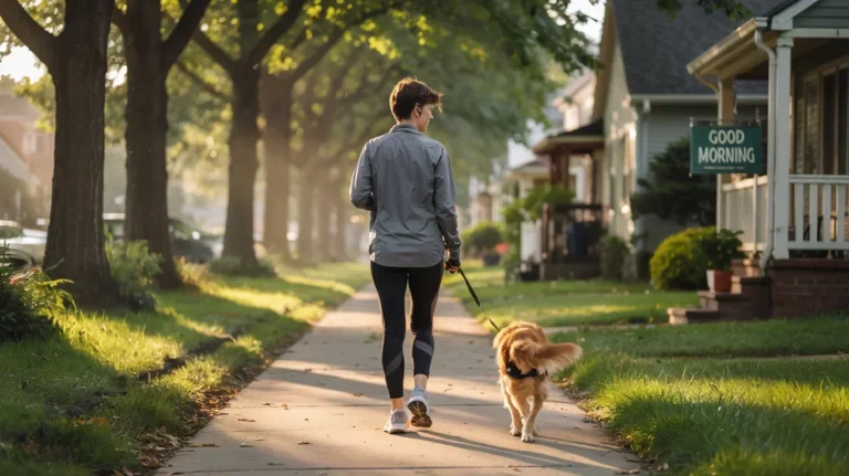 A person walks a golden retriever along a tree lined suburban sidewalk in early morning light.