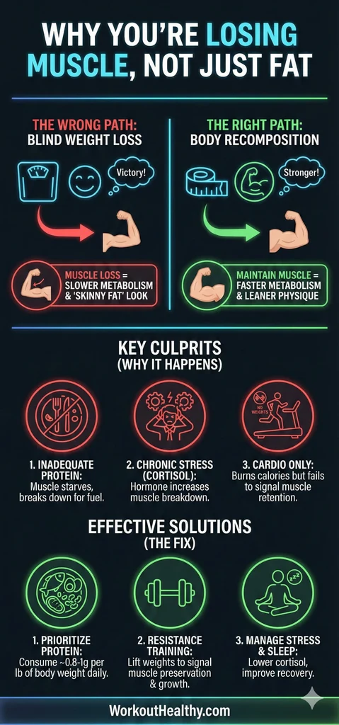 Infographic explaining that muscle loss can occur with weight loss. It highlights causes like inadequate protein, chronic stress, and excessive cardio, and suggests prioritizing protein, resistance training, and managing stress and sleep.