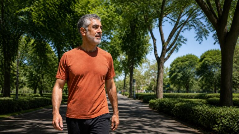Middle-aged man taking a walk in a sunny park at midday