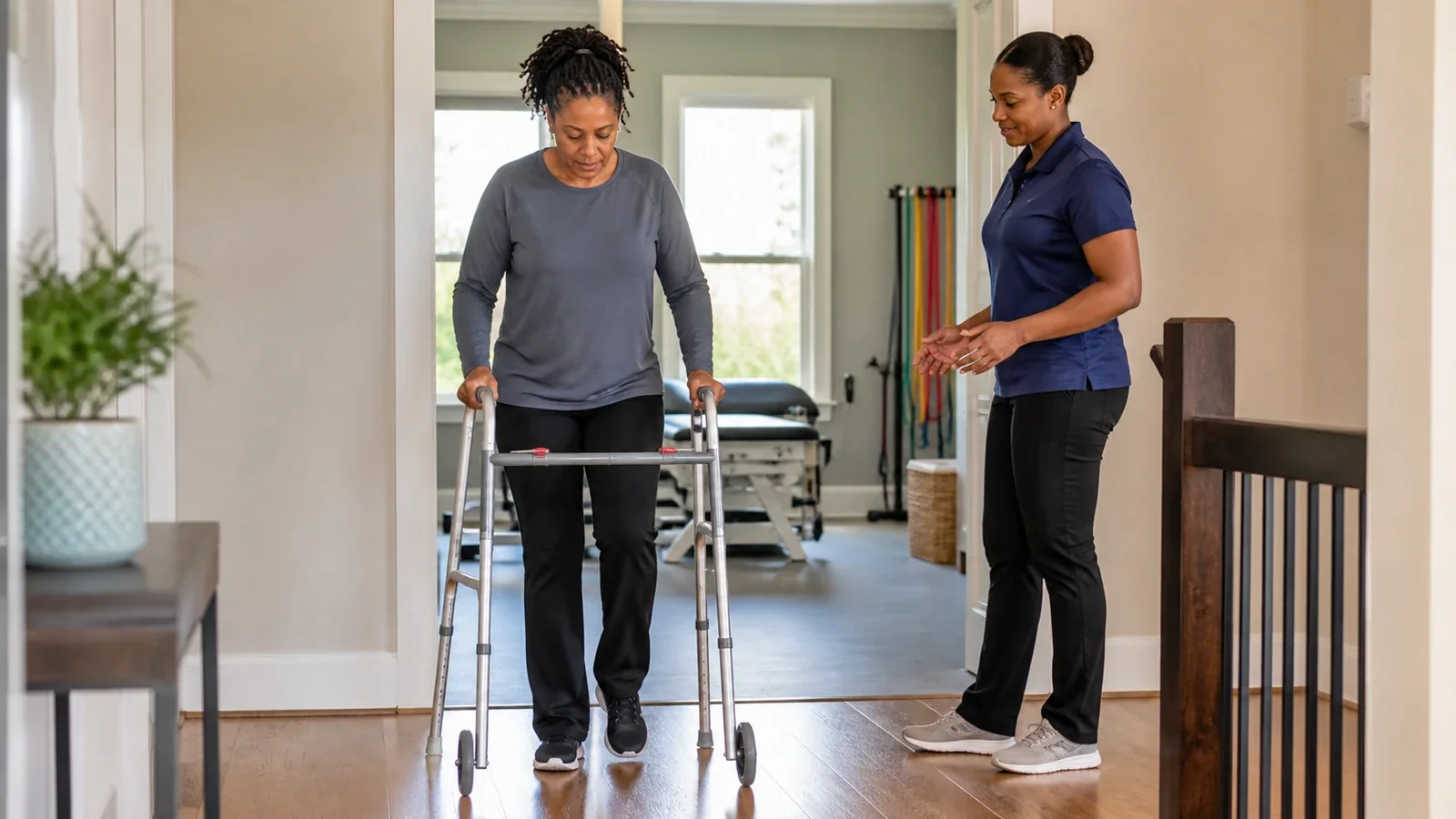 Woman practicing walker-assisted gait while a physical therapist supervises
