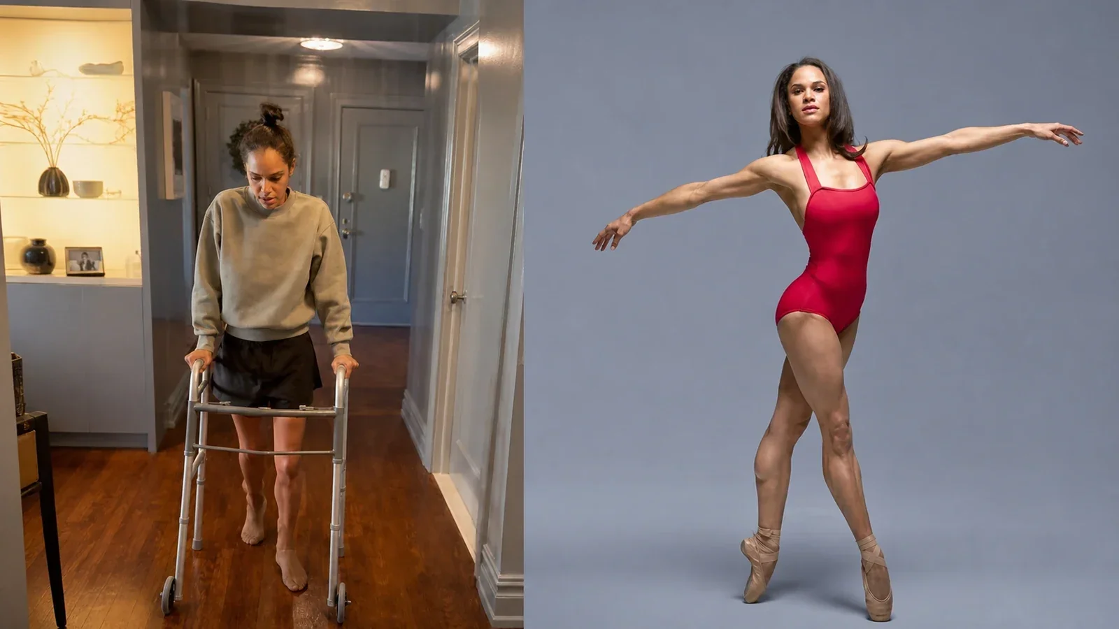 AI-assisted editorial composite of Misty Copeland during walker-assisted recovery beside a ballet performance