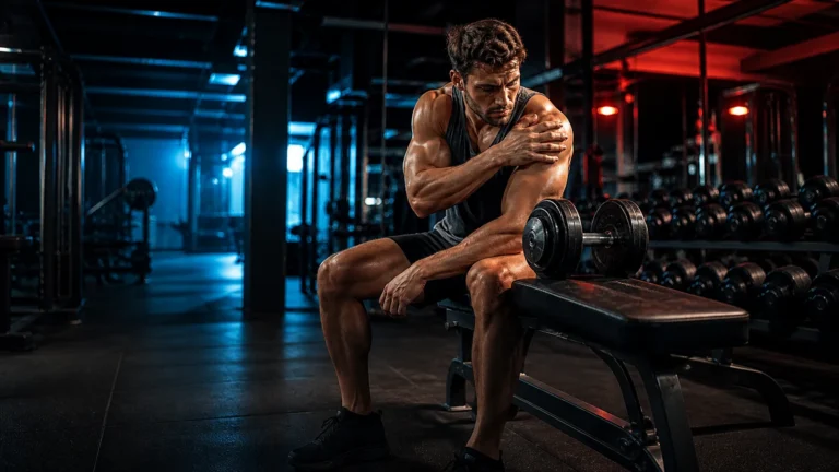 Strength trainee seated in a gym touching a sore shoulder beside a dumbbell