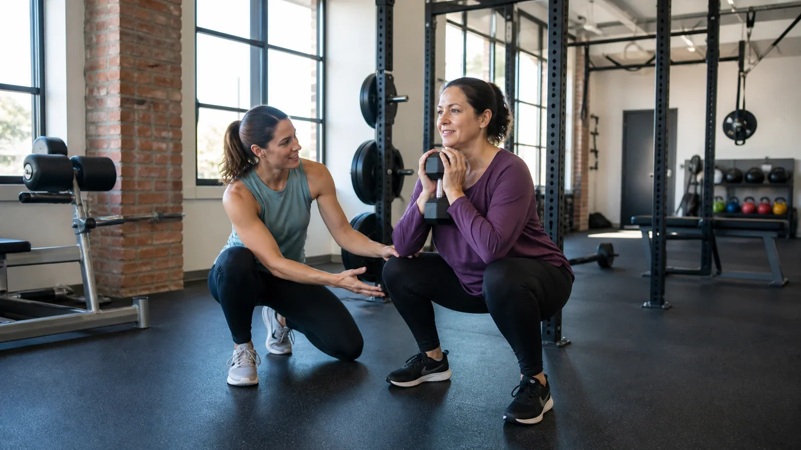 Woman performing a controlled goblet squat while a trainer coaches her form