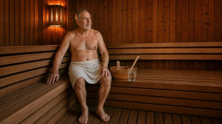 Older man sitting on a wooden sauna bench beside a water bucket and ladle.