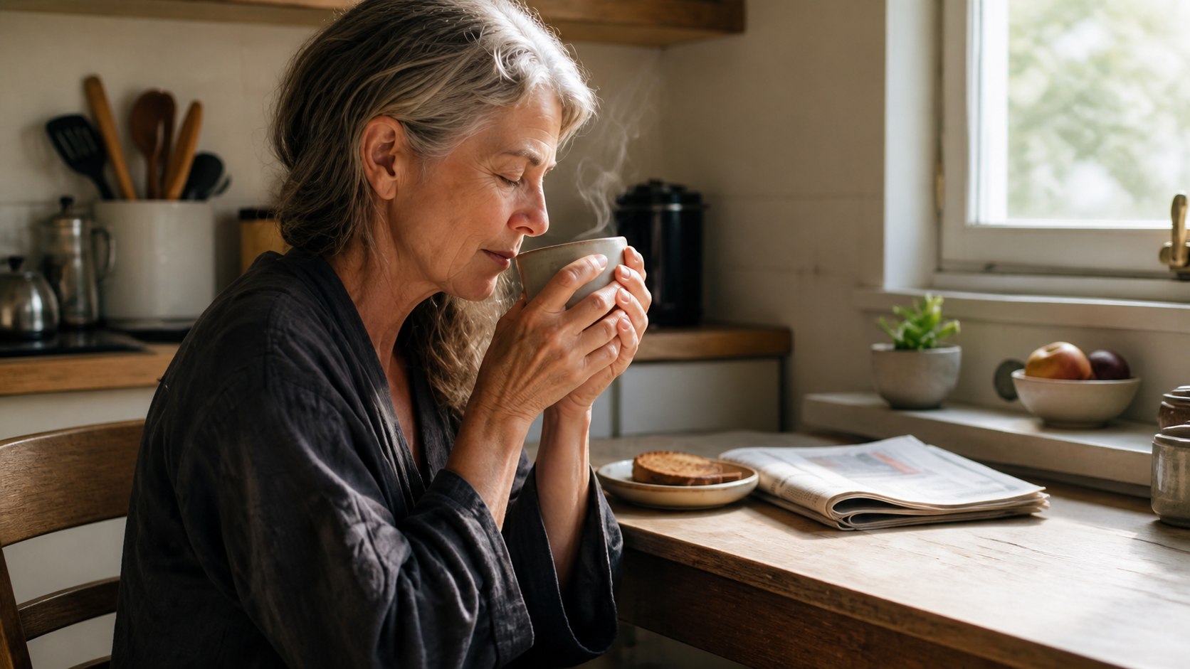 Older woman smelling a warm drink at a kitchen table