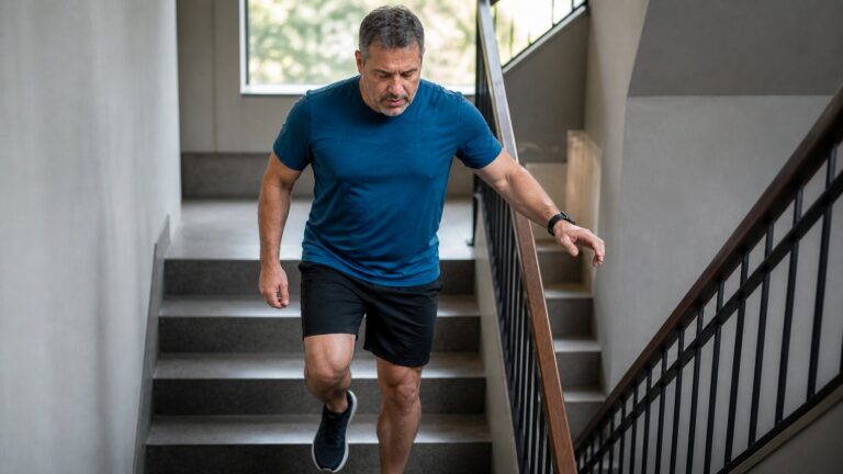 Middle-aged man climbing an indoor staircase
