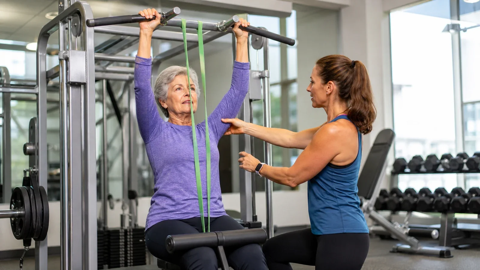 Older woman using an assisted pull-up machine while a trainer monitors her shoulder position
