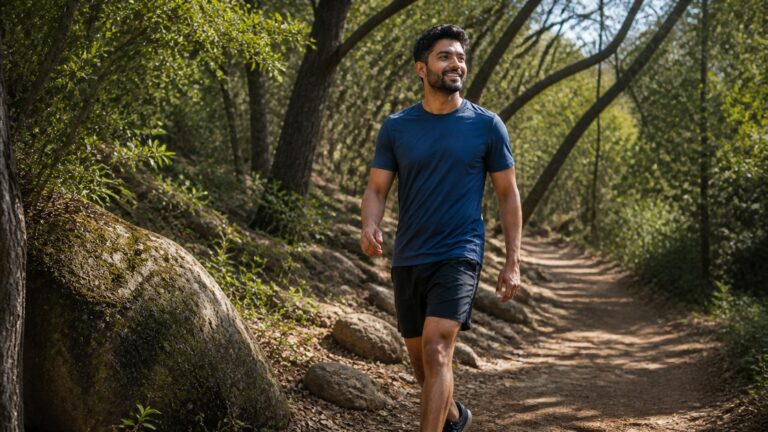 Adult man taking a brisk walk on a shaded park trail