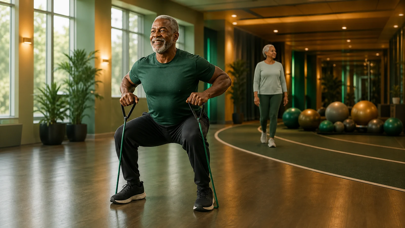 Older man performing a resistance-band squat while an older woman walks on an indoor track