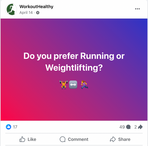 The WorkoutHealthy Facebook post asking whether readers prefer weightlifting or running