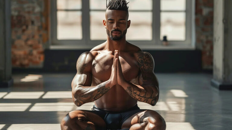 A muscular man holding the final savasana pose in a yoga session