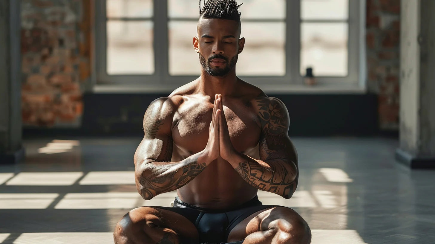 A muscular man holding the final savasana pose in a yoga session