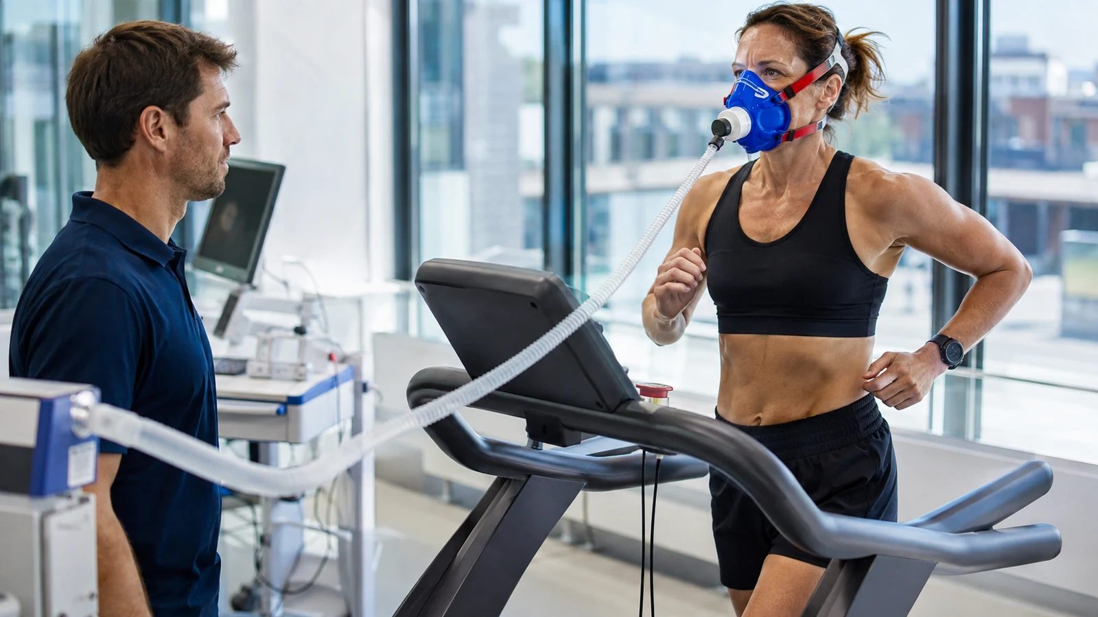Woman completing a supervised treadmill VO2 test with a metabolic mask in an exercise laboratory