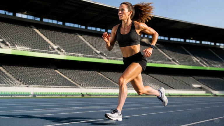 Woman in her forties running a hard interval on a stadium track