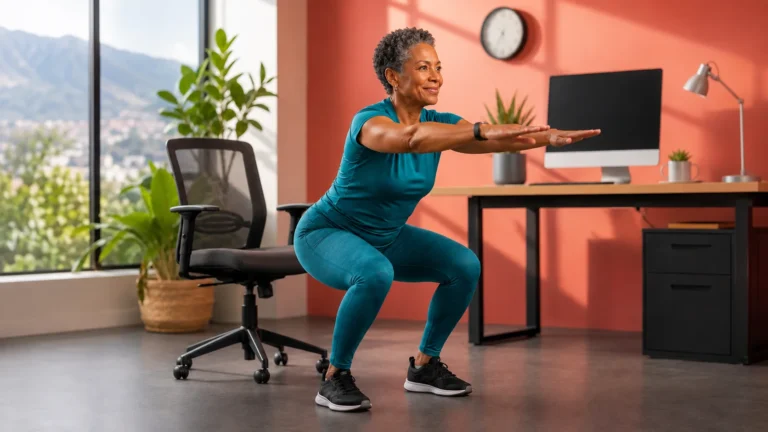Older Black woman performing a controlled squat beside an office chair and desk