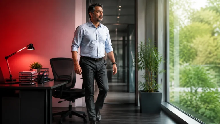 Middle-aged office professional taking a walking break beside his desk