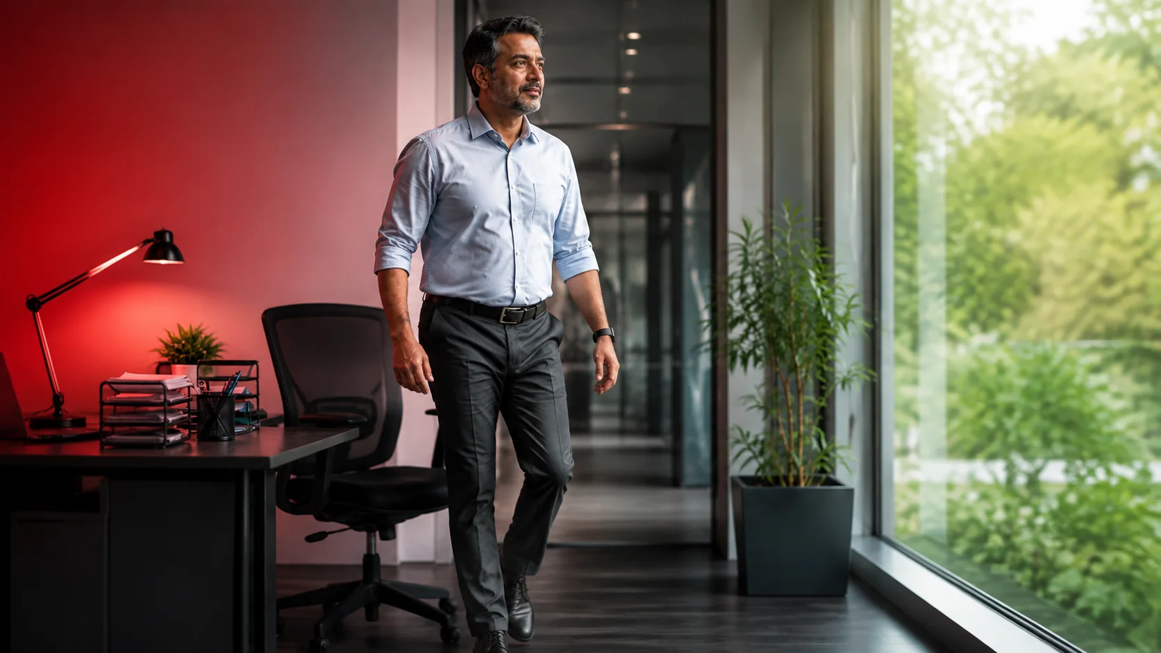 Middle-aged office professional taking a walking break beside his desk
