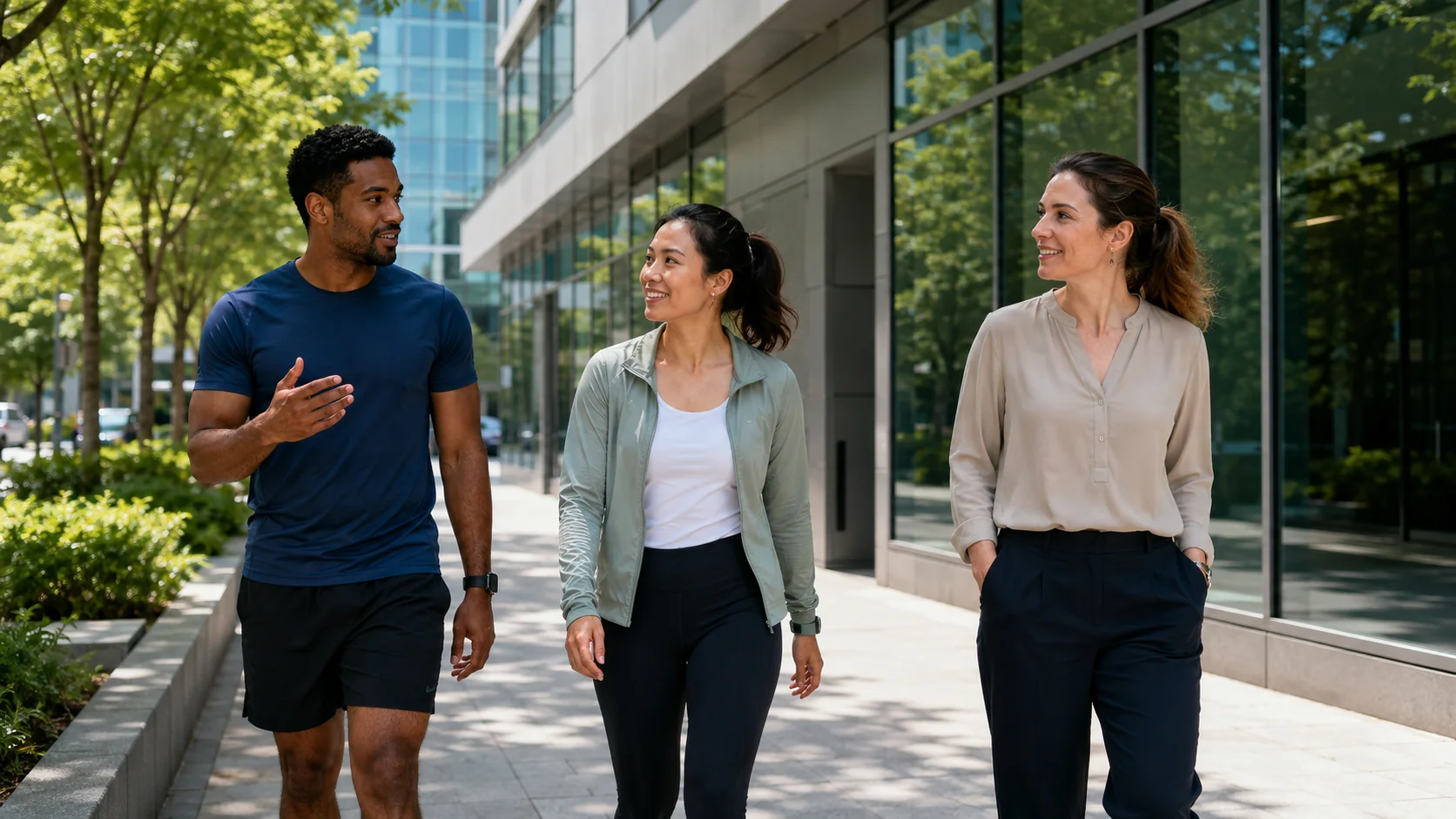 Three coworkers walking together outdoors during a break from desk work