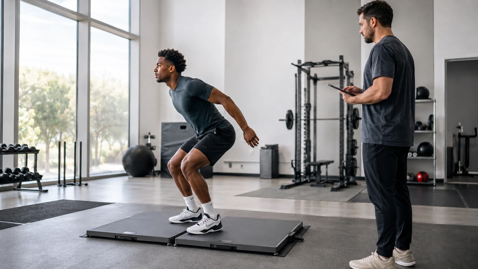 Athlete performing a countermovement jump on force plates while a coach observes