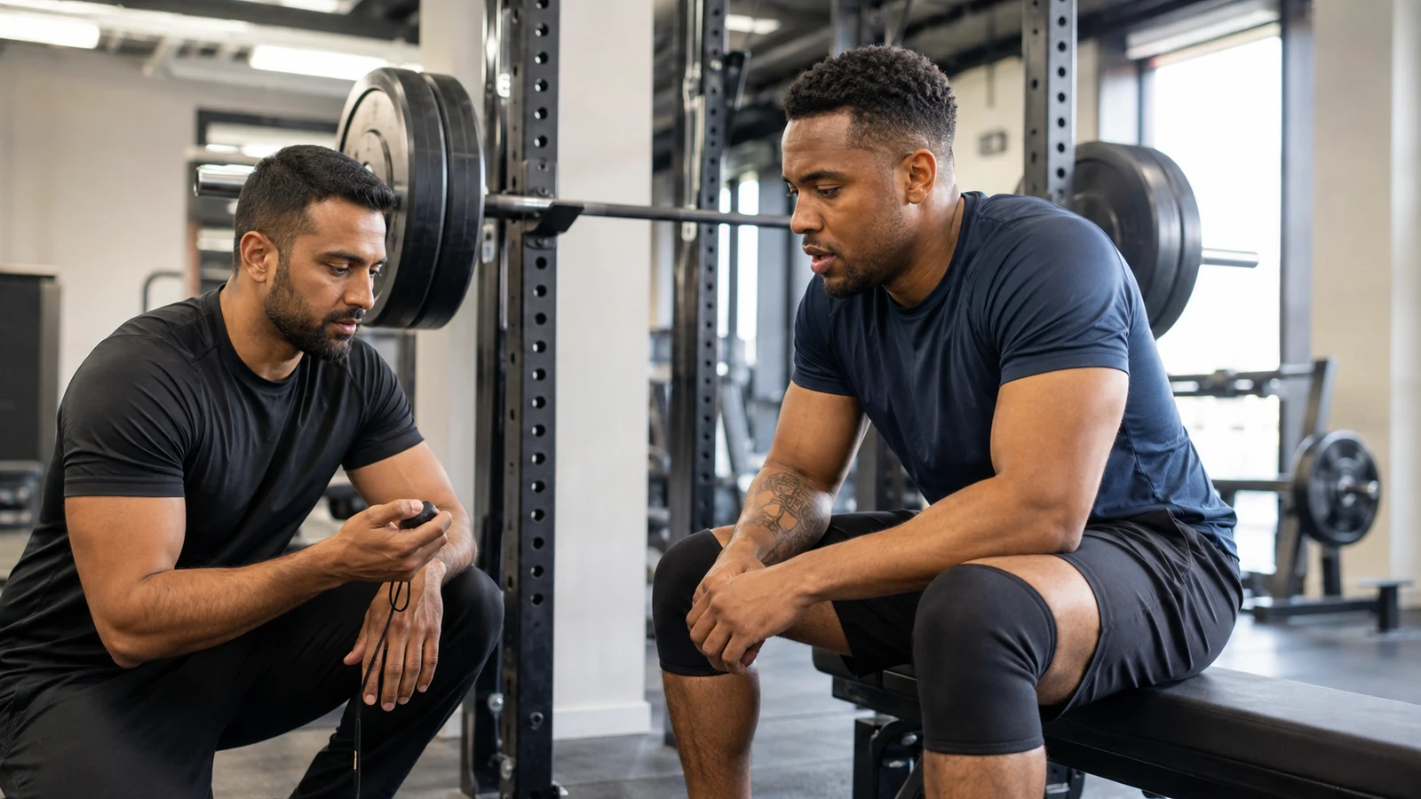 Athlete timing a recovery interval between strength-training sets