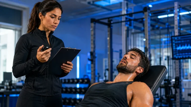 Female exercise scientist timing a lifter’s recovery after a hard dumbbell press set