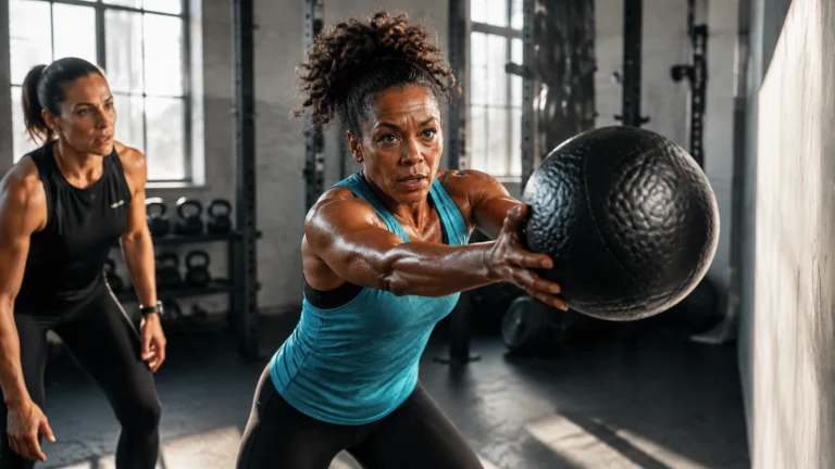Woman holding a medicine ball near a gym wall while another woman observes.