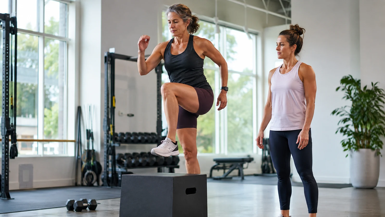 Woman raising one knee beside a gym box while another woman observes