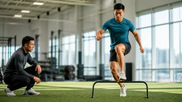Asian male athlete performing a controlled single-leg low-hurdle hop while a coach watches