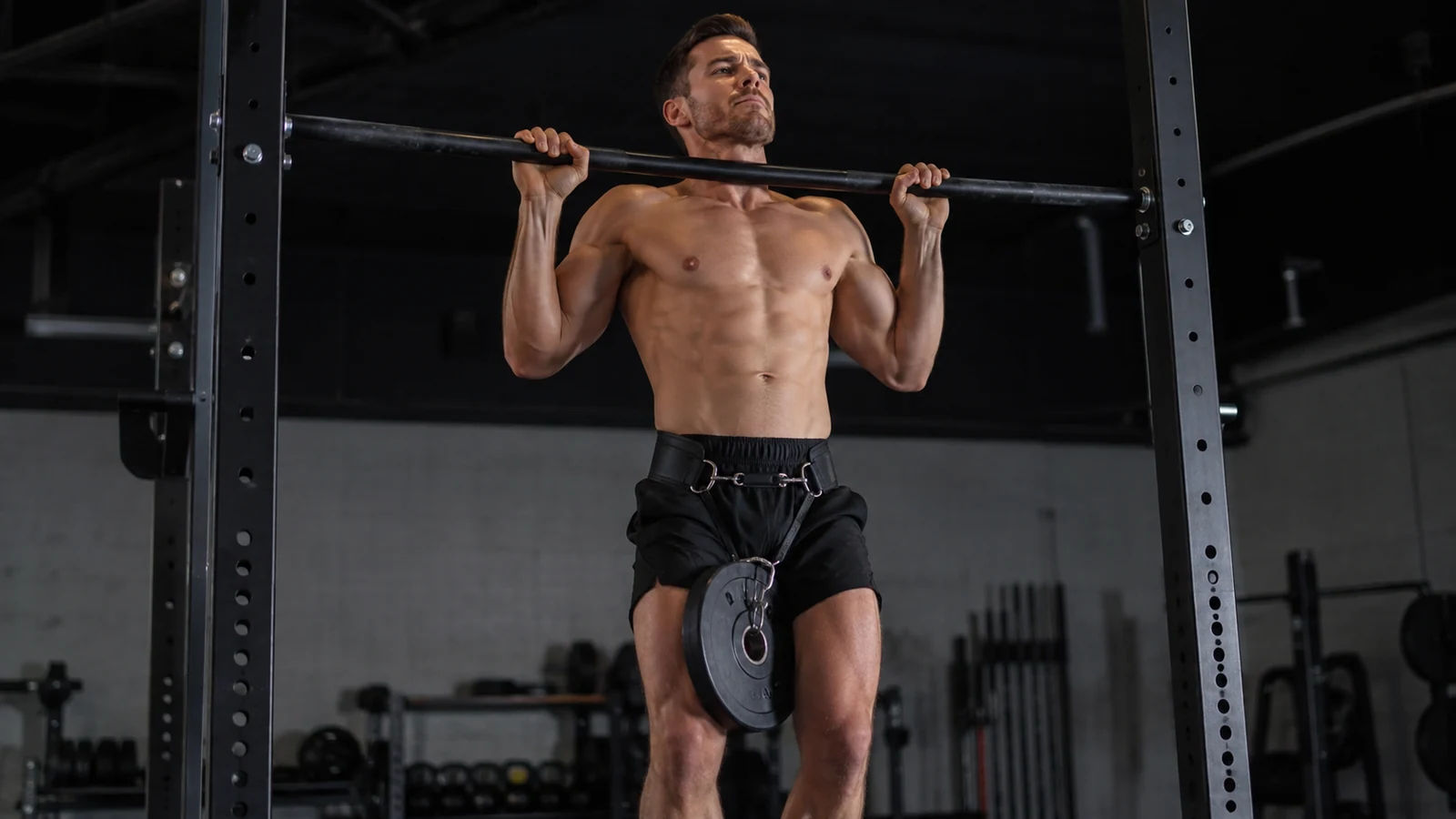 Athletic adult performing a weighted pull-up with a dip belt in a modern training gym