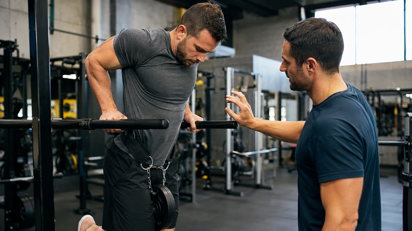 Coach checking an athlete's controlled weighted dip setup at parallel bars