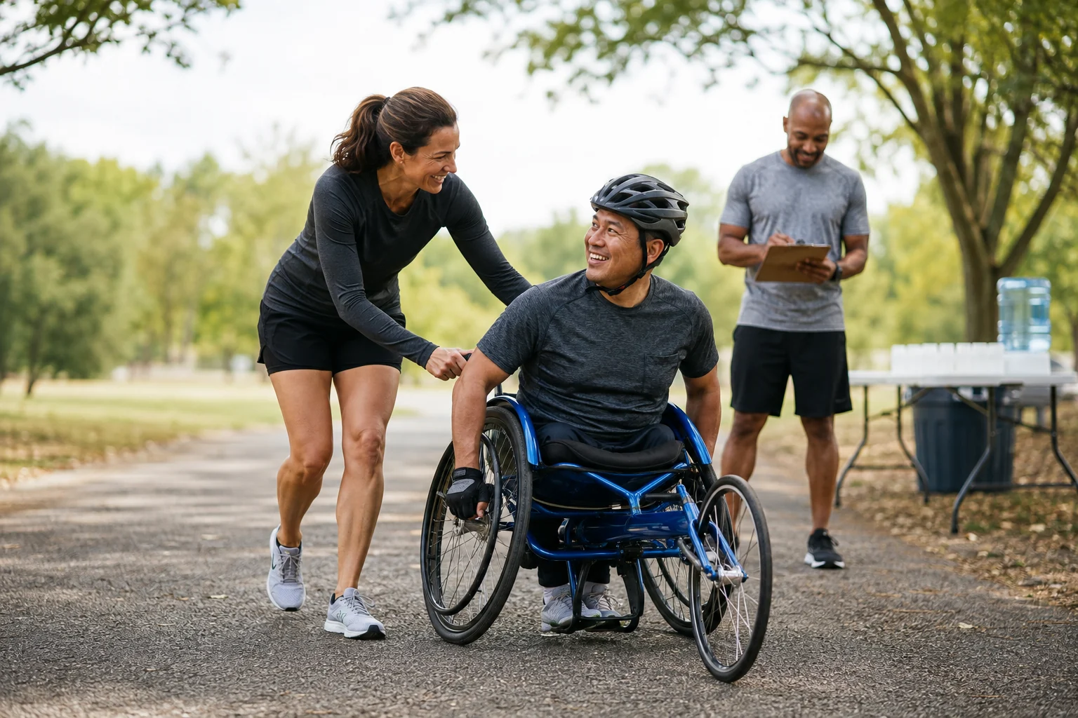 Recreational runner and adaptive athlete training together on a park path