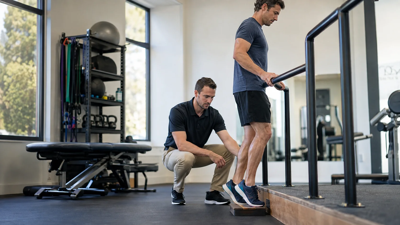 Male runner performing a slow eccentric calf raise on a low step while a physical therapist observes