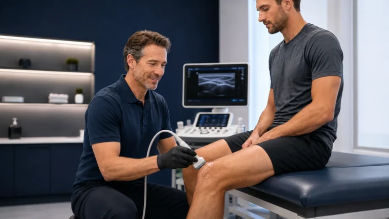 Sports medicine physician using ultrasound on a seated runner's knee