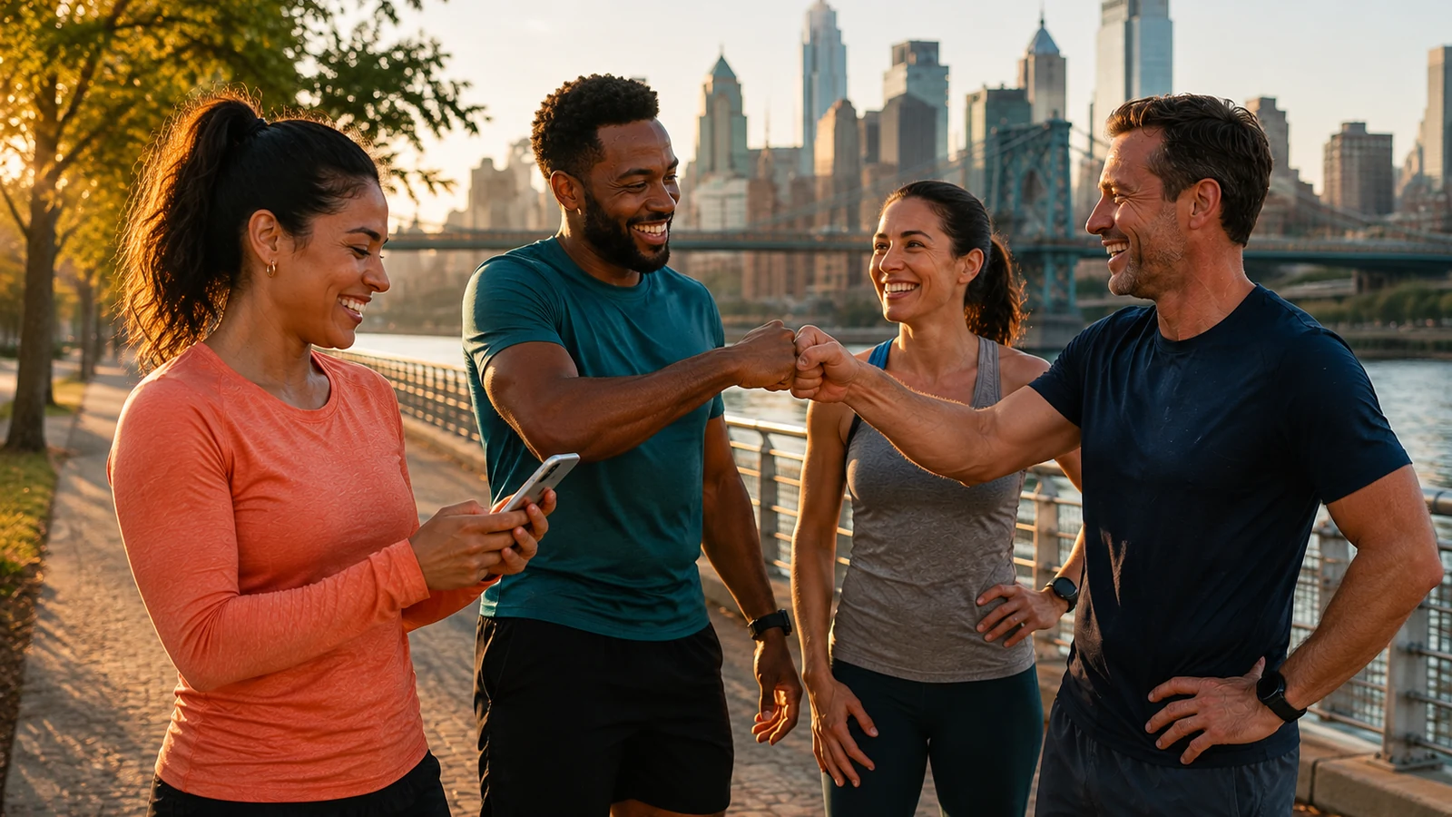 Four adult runners sharing a supportive post-run check-in beside a riverside trail