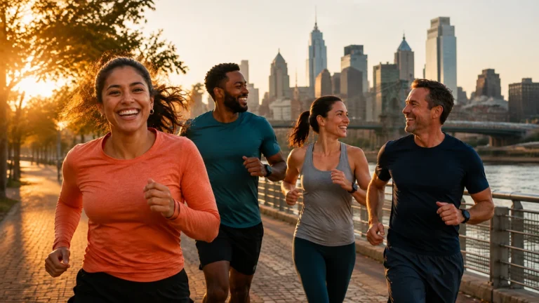 Diverse group of adult recreational runners training together on a city riverside path
