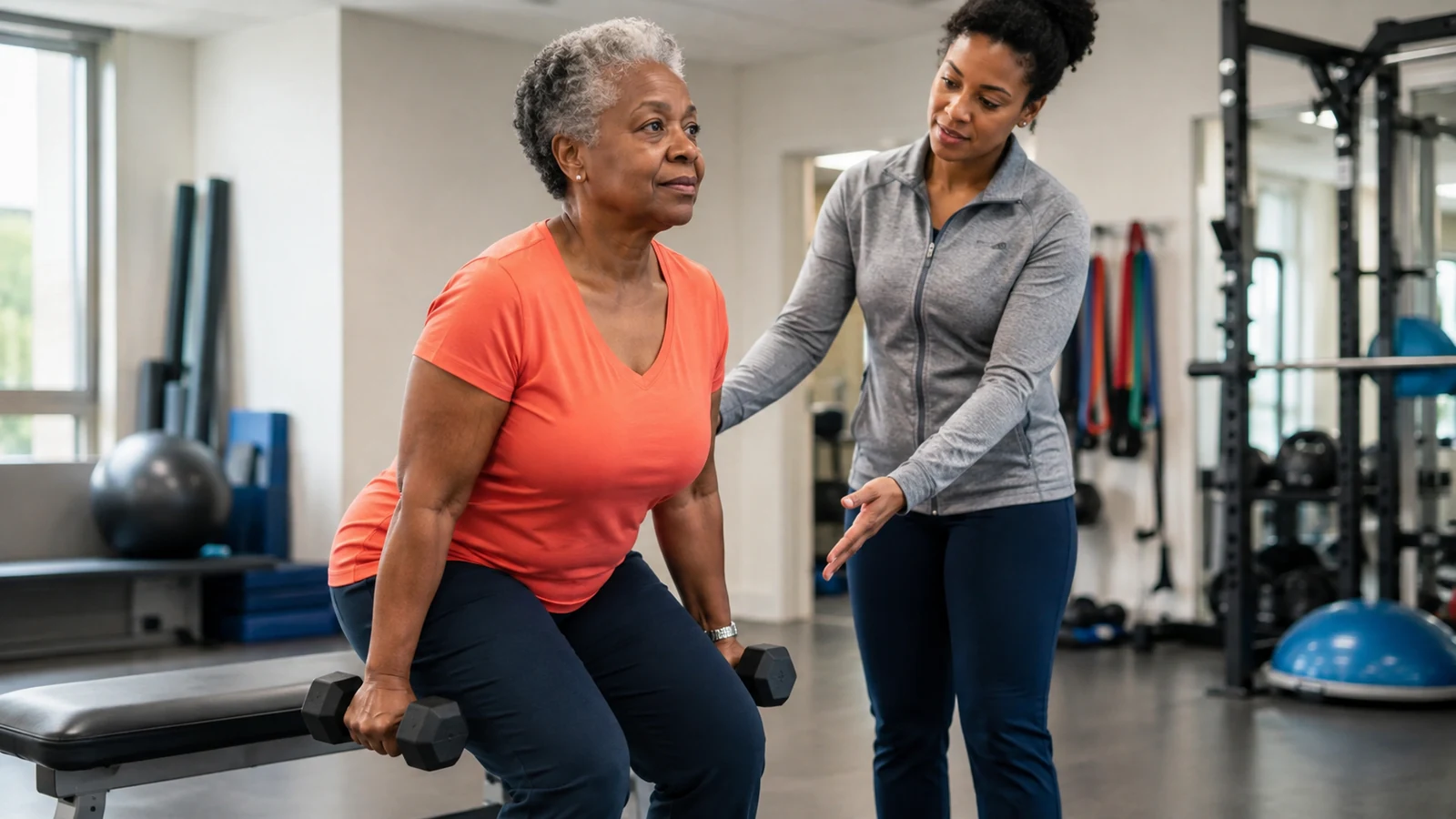 Older Black woman performs a light dumbbell sit-to-stand while an oncology exercise specialist supervises.