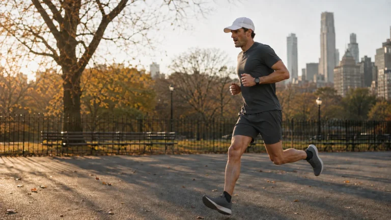 Middle-aged recreational runner moving through a city park at sunrise