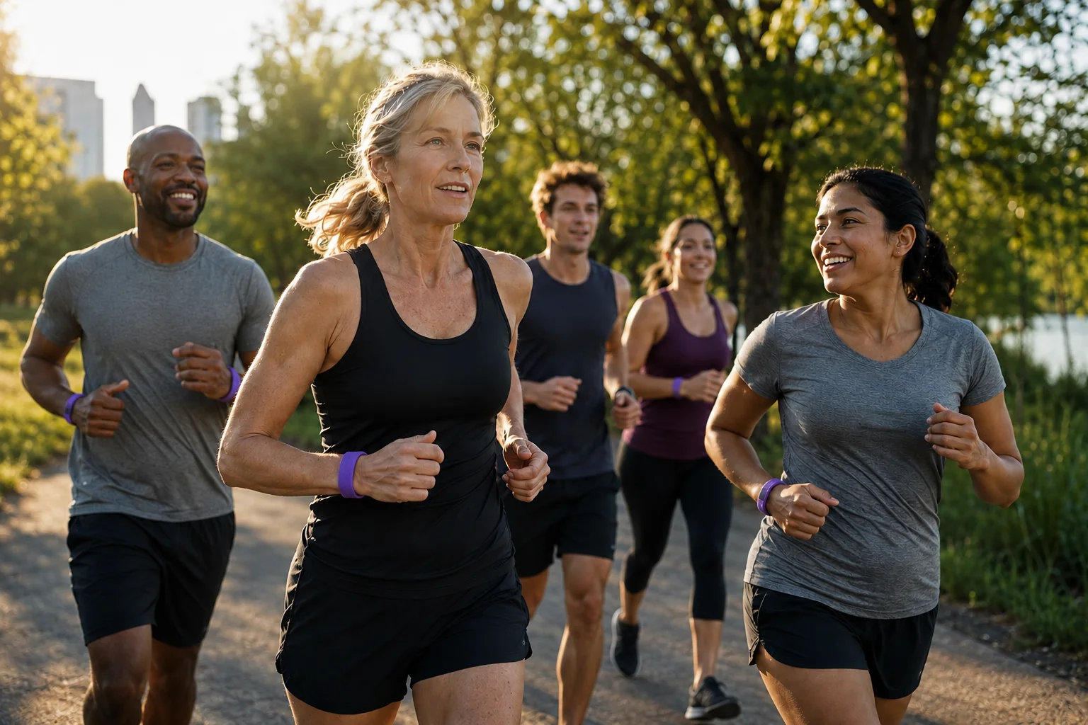 Diverse adult running group training together with plain purple wristbands