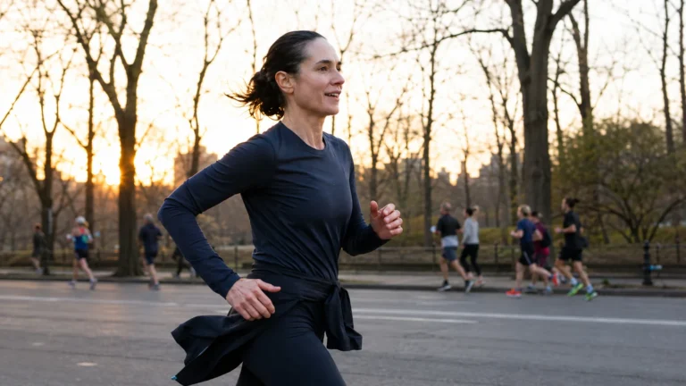 Female distance runner moving through a New York park at golden hour